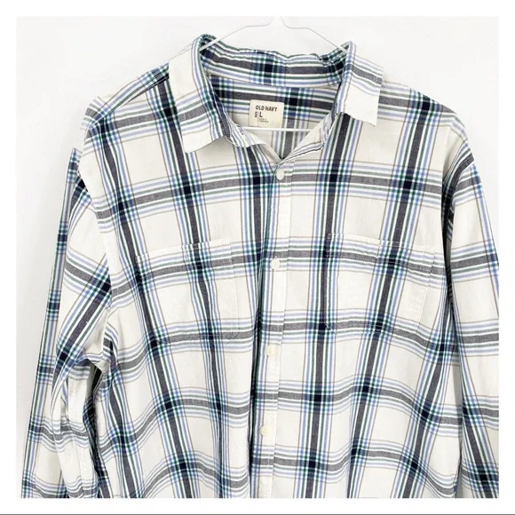 Old Navy White Blue Green Plaid Cotton Button Up Collared Shirt Size Large - Picture 2 of 7